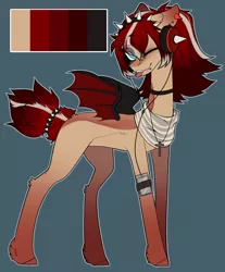 Size: 1240x1501 | Tagged: safe, alternate version, artist:wisteriations, derpibooru import, oc, oc:scarlet song, unofficial characters only, bat pony, pony, bandana, bat pony oc, bat wings, blank flank, blue background, chains, choker, ear piercing, earring, female, headband, headphones, image, jewelry, mare, markings, multicolored hair, necklace, nose piercing, one eye closed, phone, piercing, png, reference sheet, simple background, snake bites, solo, tongue out, tongue piercing, wings, wink