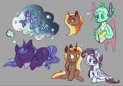 Size: 1600x1120 | Tagged: safe, artist:caramelbolt24, derpibooru import, oc, unofficial characters only, alicorn, hybrid, pony, unicorn, alicorn oc, book, bust, dream, ear fluff, female, gray background, grin, horn, image, interspecies offspring, jpeg, magical gay spawn, mare, offspring, parent:spike, parent:thorax, parents:applelestia, parents:shiningluna, parents:thoraxspike, reading, signature, simple background, sitting, sleeping, smiling, solo, unicorn oc, wings