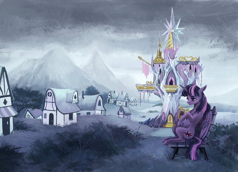 Size: 2800x2023 | Tagged: safe, artist:weird--fish, derpibooru import, twilight sparkle, twilight sparkle (alicorn), alicorn, pony, fanfic, bench, commission, fanfic art, fanfic cover, image, jpeg, lidded eyes, lyre, musical instrument, ponyville, rain, sad, sitting, solo, twilight's castle