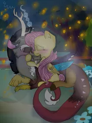 Size: 899x1200 | Tagged: safe, artist:cocolove2176, derpibooru import, discord, fluttershy, draconequus, pegasus, pony, blushing, discoshy, eyes closed, female, flower, hug, image, kissing, lying down, male, mare, night, png, prone, shipping, straight, wings