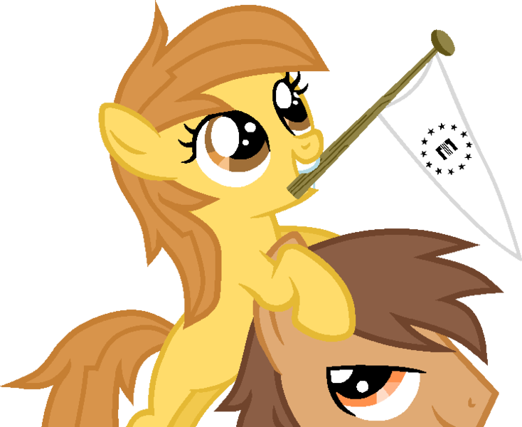 Size: 747x611 | Tagged: safe, artist:pegasski, derpibooru import, oc, unofficial characters only, earth pony, pony, fallout equestria, base, duo, earth pony oc, eyelashes, father and child, father and daughter, female, filly, flag, image, male, mouth hold, png, simple background, smiling, stallion, transparent background