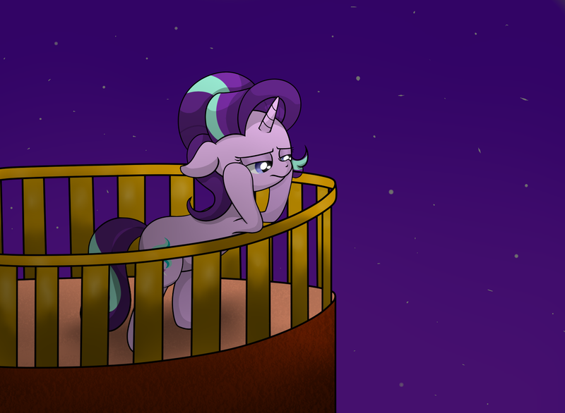 Size: 1551x1137 | Tagged: safe, artist:background basset, derpibooru import, starlight glimmer, pony, unicorn, female, image, night, png, railing, sad, solo, solo female