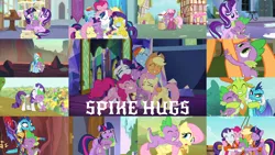 Size: 1280x721 | Tagged: safe, derpibooru import, edit, edited screencap, editor:quoterific, screencap, applejack, cheerilee, fluttershy, pinkie pie, princess ember, rainbow dash, rarity, spike, starlight glimmer, thorax, twilight sparkle, changedling, changeling, dragon, earth pony, pegasus, pony, unicorn, a horse shoe-in, castle sweet castle, feeling pinkie keen, gauntlet of fire, inspiration manifestation, ppov, secret of my excess, shadow play, sparkle's seven, spike at your service, the crystal empire, the crystalling, triple threat, bloodstone scepter, dragon armor, dragoness, female, group hug, hat, hug, image, king thorax, leg hug, lifejacket, male, mane seven, mane six, mare, png, side hug