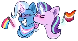 Size: 753x397 | Tagged: safe, artist:artwing74, derpibooru import, starlight glimmer, trixie, cropped, female, image, lesbian, png, pride flag, shipping, startrix