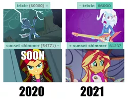 Size: 1396x1088 | Tagged: safe, derpibooru import, edit, edited screencap, screencap, sunset shimmer, trixie, derpibooru, equestria girls, equestria girls (movie), guitar centered, legend of everfree, magic duel, rainbow rocks, 2020, 2021, alicorn amulet, caption, comic, comparison, image, image macro, meta, png, screencap comic, tags, text