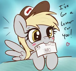 Size: 2226x2082 | Tagged: safe, artist:t72b, derpibooru import, derpy hooves, pegasus, pony, hat, horse taxes, image, letter, mailmare, mouth hold, png, solo, taxes