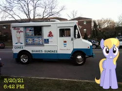 Size: 3264x2448 | Tagged: safe, artist:bluemeganium, artist:topsangtheman, derpibooru import, cloud kicker, pegasus, pony, ice cream truck, image, irl, jpeg, looking at you, photo, ponies in real life, solo