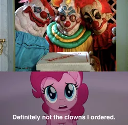 Size: 1000x977 | Tagged: safe, derpibooru import, edit, edited screencap, screencap, pinkie pie, pony, my little pony: the movie, caption, clown, clown makeup, clown outfit, female, image, killer klowns from outer space, mare, meme, movie reference, pizza box, png, text