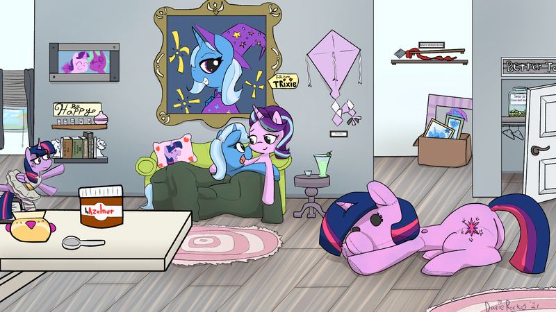 Size: 1920x1080 | Tagged: safe, artist:davierocket, derpibooru import, starlight glimmer, trixie, twilight sparkle, twilight sparkle (alicorn), alicorn, pony, unicorn, ballerina, bedroom eyes, book, bust, clothes, drink, female, food, giant plushie, image, implied shipping, kite, lesbian, looking at each other, nutella, olive, picture, picture frame, pillow, plushie, png, portrait, princess, rug, shipping, sign, smiling, spoon, starlight glimmer day, startrix, swear jar, tutu, twilarina, wooden floor