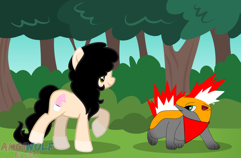 Size: 1640x1080 | Tagged: safe, artist:amgiwolf, derpibooru import, oc, oc:amgi, earth pony, pony, quilava, crossover, duo, earth pony oc, female, forest, image, mare, neckerchief, outdoors, png, pokémon, raised hoof, simple background, transparent background, tree