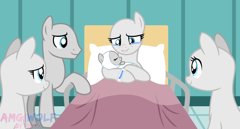 Size: 2283x1231 | Tagged: safe, artist:amgiwolf, derpibooru import, oc, unofficial characters only, earth pony, pony, baby, baby pony, bald, base, bed, bust, earth pony oc, female, hospital bed, image, indoors, male, mare, png, raised hoof, smiling, stallion