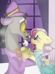 Size: 899x1200 | Tagged: safe, artist:cocolove2176, derpibooru import, discord, fluttershy, draconequus, pegasus, pony, blushing, bust, clothes, dress, eyelashes, female, hat, hug, image, indoors, looking at each other, male, mare, night, png, smiling, suit, top hat, wings