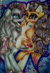 Size: 713x1024 | Tagged: safe, artist:maryhoovesfield, derpibooru import, oc, unofficial characters only, bat pony, pony, bat pony oc, bat wings, blushing, ear fluff, ear piercing, earring, eyelashes, female, flower, flower in hair, hoof polish, hug, image, jewelry, jpeg, lesbian, mare, necklace, oc x oc, one eye closed, piercing, shipping, signature, solo, traditional art, wings, wink