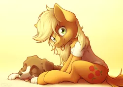 Size: 2400x1700 | Tagged: safe, artist:ohemo, derpibooru import, applejack, winona, dog, earth pony, pony, chest fluff, clothes, cute, cutie mark, duo, eyes closed, image, jackabetes, looking at you, loose hair, morning ponies, mouth hold, png, sitting, smiling, tongue out, winonabetes