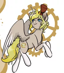 Size: 1150x1300 | Tagged: safe, artist:lavvythejackalope, derpibooru import, oc, unofficial characters only, alicorn, pony, alicorn oc, gear, hat, horn, image, looking back, png, rearing, smiling, socks (coat marking), top hat, wings