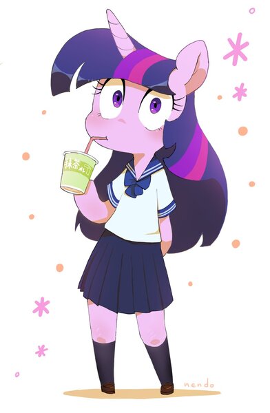 Size: 1044x1600 | Tagged: safe, artist:nendo, deleted from derpibooru, derpibooru import, twilight sparkle, semi-anthro, unicorn, clothes, drink, drinking, female, hoof hold, image, japanese, jpeg, moon runes, ribbon, school uniform, schoolgirl, shoes, skirt, socks, solo, straw, straw in mouth, thigh highs, unicorn twilight, wide eyes, zettai ryouiki