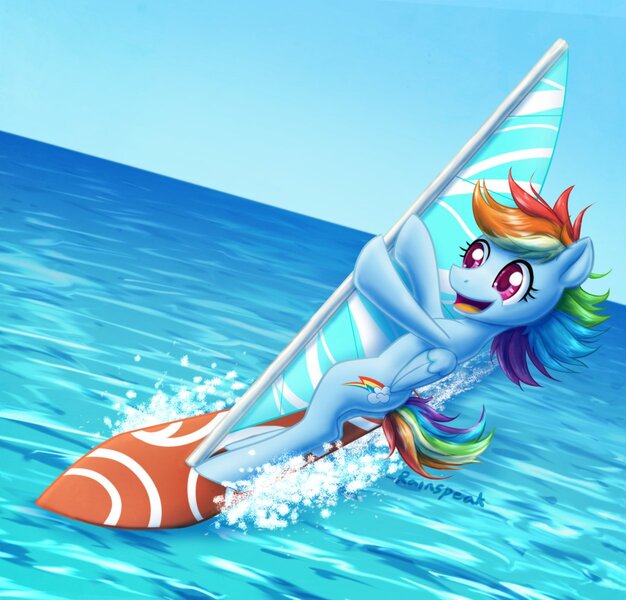 Size: 1251x1200 | Tagged: safe, artist:rainspeak, derpibooru import, rainbow dash, pegasus, pony, image, jpeg, ocean, solo, water, windsurfing