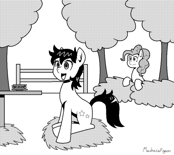 Size: 900x800 | Tagged: safe, artist:machacapigeon, ponybooru import, pinkie pie, star dancer, earth pony, pony, my little pony: the manga, bush, duo, female, food, image, mare, monochrome, open mouth, png, sandwich, signature, tree