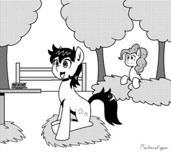 Size: 900x800 | Tagged: safe, artist:machacapigeon, ponybooru import, pinkie pie, star dancer, earth pony, pony, my little pony: the manga, bush, duo, female, food, image, mare, monochrome, open mouth, png, sandwich, signature, tree