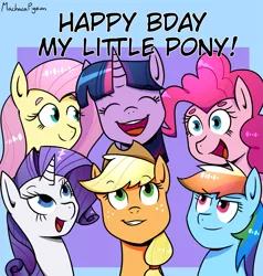 Size: 1621x1700 | Tagged: safe, artist:machacapigeon, ponybooru import, applejack, fluttershy, pinkie pie, rainbow dash, rarity, twilight sparkle, earth pony, pegasus, pony, unicorn, anniversary, image, mane six, mlp fim's tenth anniversary, open mouth, png, simple background, text, thick eyebrows