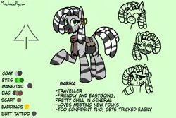 Size: 1200x800 | Tagged: safe, artist:machacapigeon, ponybooru import, oc, oc:barika, unofficial characters only, zebra, bag, clothes, ear piercing, earring, female, image, jewelry, looking at you, open mouth, piercing, png, scarf, signature, simple background, solo, text