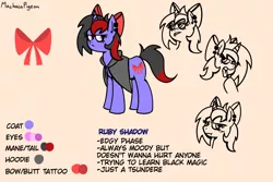 Size: 1200x800 | Tagged: safe, artist:machacapigeon, ponybooru import, oc, oc:ruby shadow, unofficial characters only, pony, unicorn, bow, clothes, coat, eyeliner, image, makeup, open mouth, piercing, png, signature, simple background, solo, text, tongue out