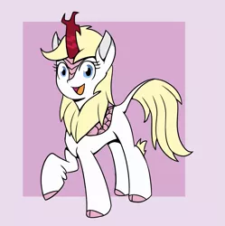 Size: 1193x1200 | Tagged: safe, artist:machacapigeon, ponybooru import, oc, oc:aryanne, unofficial characters only, kirin, /mlp/, blonde, blonde mane, blonde tail, blue eyes, drawthread, image, kirinified, looking at you, nazi, open mouth, png, raised leg, simple background, solo, species swap