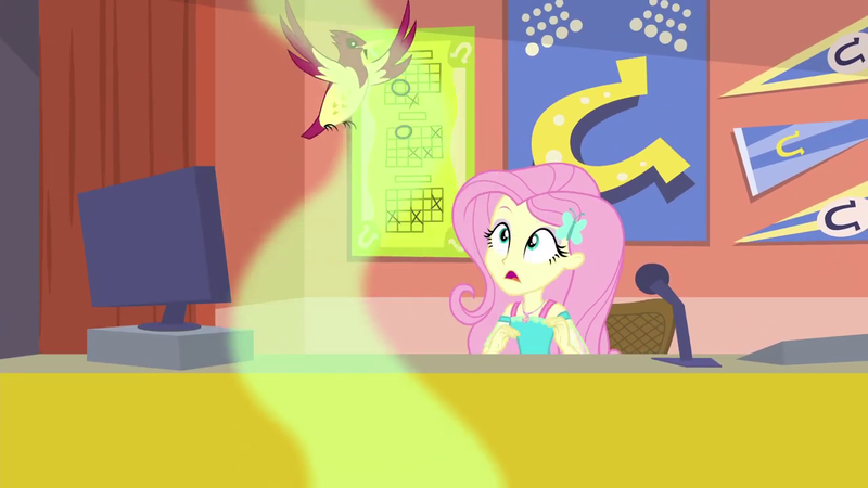 Size: 1280x720 | Tagged: safe, derpibooru import, screencap, fluttershy, bird, equestria girls, equestria girls series, sock it to me, sock it to me: bulk biceps, spoiler:eqg series (season 2), computer, female, geode of fauna, hairpin, image, magical geodes, microphone, png, solo
