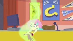 Size: 1280x720 | Tagged: safe, derpibooru import, screencap, fluttershy, bird, equestria girls, equestria girls series, sock it to me, sock it to me: bulk biceps, spoiler:eqg series (season 2), computer, female, geode of fauna, hairpin, image, magical geodes, microphone, png, solo