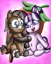 Size: 2400x3000 | Tagged: safe, artist:saburodaimando, derpibooru import, starlight glimmer, oc, oc:strawberry cocoa, pony, belly button, female, filly, filly starlight glimmer, hug, image, pigtails, png, starlight glimmer day, younger