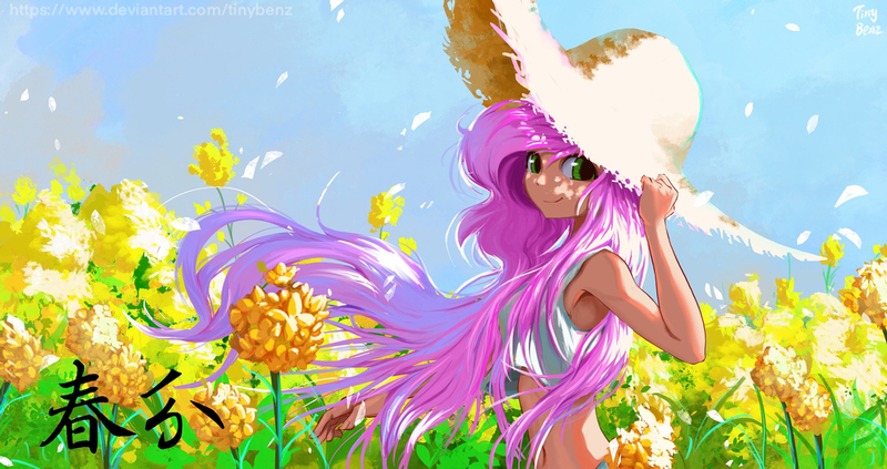 Size: 1280x676 | Tagged: safe, artist:tinybenz, derpibooru import, fluttershy, human, belly button, female, flower, hat, humanized, image, jpeg, looking at you, midriff, solo, straw hat, windswept hair