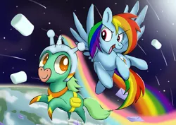 Size: 3508x2480 | Tagged: safe, artist:neoshrek, derpibooru import, rainbow dash, pegasus, pony, unicorn, crossover, duo, flying, food, image, jpeg, marshmallow, space, space unicorn