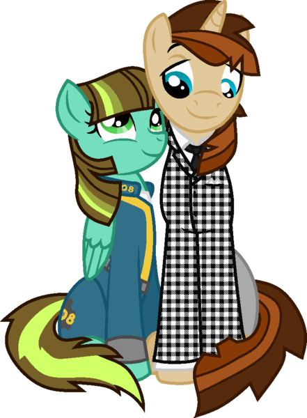 Size: 786x1069 | Tagged: safe, artist:pegasski, derpibooru import, oc, oc:aqua haze, pegasus, pony, unicorn, fallout equestria, base used, clothes, duo, eyelashes, female, horn, image, mare, pegasus oc, png, simple background, smiling, transparent background, unicorn oc, vault suit, wings