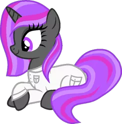 Size: 644x656 | Tagged: safe, artist:pegasski, derpibooru import, oc, unofficial characters only, pony, unicorn, base used, clothes, eyelashes, female, horn, image, lab coat, lying down, mare, png, prone, simple background, smiling, solo, transparent background, unicorn oc