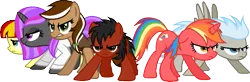 Size: 867x286 | Tagged: safe, artist:pegasski, derpibooru import, oc, unofficial characters only, earth pony, pegasus, pony, unicorn, angry, base used, clothes, earth pony oc, eyelashes, frown, group, horn, image, lab coat, multicolored hair, pegasus oc, png, rainbow hair, simple background, transparent background, unicorn oc, wings