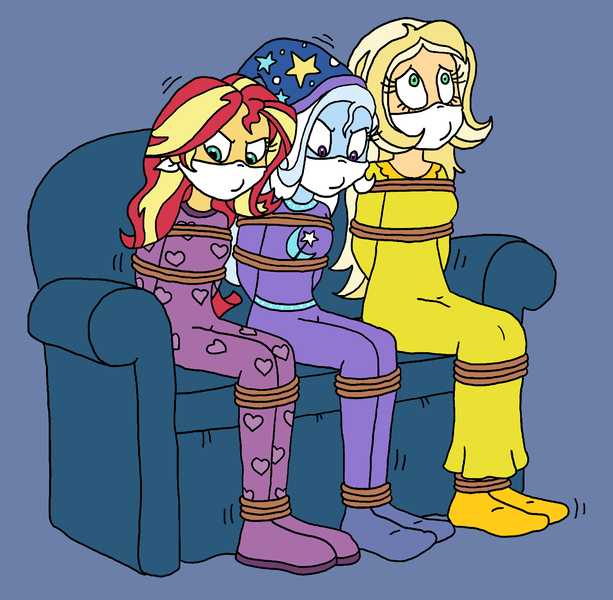 Size: 1585x1552 | Tagged: safe, artist:bugssonicx, derpibooru import, sunflower spectacle, sunset shimmer, trixie, equestria girls, arm behind back, bondage, bound and gagged, cloth gag, clothes, couch, female, femsub, footed sleeper, gag, image, nightgown, pajamas, png, rope, rope bondage, sitting, submissive, subset, tied up, trixsub