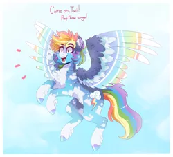 Size: 2247x2040 | Tagged: safe, artist:aaa-its-spook, derpibooru import, rainbow dash, pegasus, pony, alternate hairstyle, blaze (coat marking), cheek fluff, chest fluff, colored wings, cute, dashabetes, dialogue, ear fluff, excited, eyebrows visible through hair, female, fluffy, flying, hoof fluff, hoof polish, image, implied lesbian, implied shipping, implied twidash, implied twilight sparkle, mare, multicolored wings, open mouth, png, solo, spread wings, wing fluff, wings