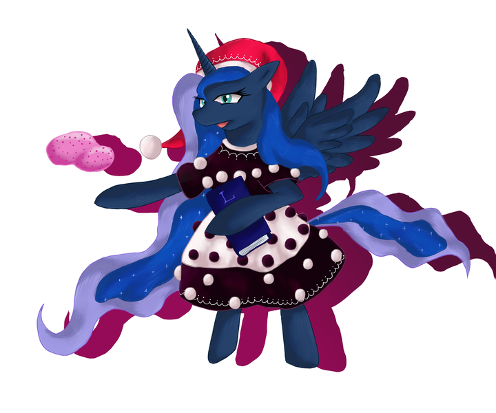 Size: 1152x960 | Tagged: safe, artist:izumi-ru, derpibooru import, princess luna, alicorn, pony, book, clothes, cosplay, costume, crossover, doremy sweet, dress, female, hat, image, mare, png, solo, touhou