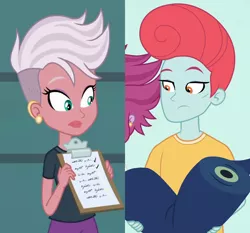 Size: 1086x1012 | Tagged: safe, derpibooru import, screencap, candyberry, pearl pompadour, pilot pearl, equestria girls, equestria girls series, rollercoaster of friendship, background human, clipboard, crack shipping, cropped, ear piercing, earring, fabric, female, image, jewelry, male, pearlcandy, piercing, png, shipping, shipping domino, straight