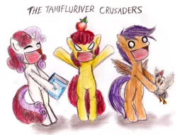 Size: 500x382 | Tagged: artist needed, safe, derpibooru import, apple bloom, scootaloo, sweetie belle, bird, chicken, earth pony, pegasus, pony, unicorn, apple, crossover, cutie mark crusaders, dictionary, dictionary belle, female, filly, food, image, lunasa prismriver, lyrica prismriver, meme, merlin prismriver, png, ponified meme, scootachicken, tamifluriver sisters, touhou, trio