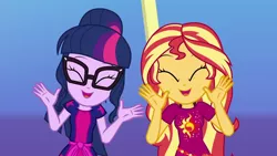 Size: 1280x720 | Tagged: safe, derpibooru import, screencap, sci-twi, sunset shimmer, twilight sparkle, equestria girls, equestria girls series, i'm on a yacht, spoiler:eqg series (season 2), ^^, clothes, cute, cutie mark, cutie mark on clothes, daaaaaaaaaaaw, duo, duo female, eyes closed, female, glasses, hey, image, open mouth, png, ponytail, shimmerbetes, singing, smiling, twiabetes