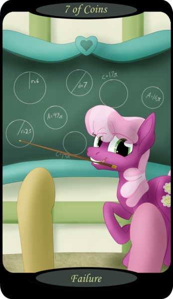 Size: 1500x2591 | Tagged: safe, artist:sixes&sevens, derpibooru import, part of a set, cheerilee, earth pony, chalkboard, circle, female, image, math, minor arcana, mouth hold, offscreen character, png, pointer, ponyville schoolhouse, raised hoof, school, seven of coins, tarot card, teaching