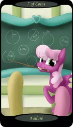 Size: 1500x2591 | Tagged: safe, artist:sixes&sevens, derpibooru import, part of a set, cheerilee, earth pony, chalkboard, circle, female, image, math, minor arcana, mouth hold, offscreen character, png, pointer, ponyville schoolhouse, raised hoof, school, seven of coins, tarot card, teaching