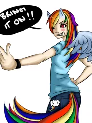 Size: 864x1152 | Tagged: safe, artist:mitarashiboi, derpibooru import, rainbow dash, human, 2011, bring it on, clothes, eared humanization, female, humanized, image, jeans, pants, png, shirt, solo, tailed humanization, t-shirt, winged humanization, wings, wristband