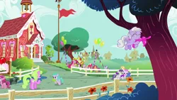 Size: 1280x720 | Tagged: safe, derpibooru import, screencap, apple bloom, applecore, aura (character), boysenberry, daisy, flower wishes, liza doolots, noi, peach fuzz, petunia, pinkie pie, piña colada, ruby pinch, scootaloo, sweet pop, sweetie belle, tootsie flute, tornado bolt, dog, earth pony, monkey, pegasus, pony, snake, unicorn, the one where pinkie pie knows, balloon, balloon animal, chatting, cutie mark crusaders, eyes closed, female, filly, flag, flying, heart, holding, image, mare, mouth hold, png, ponyville schoolhouse, puppy, school, talking, tree, trio, triple berry, walking