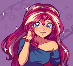 Size: 924x840 | Tagged: safe, artist:rileyav, derpibooru import, sunset shimmer, equestria girls, abstract background, adorasexy, blushing, bracelet, clothes, cute, female, hand on head, image, jewelry, jpeg, lips, looking at you, off shoulder, sexy, shimmerbetes, smiling, solo, sparkles