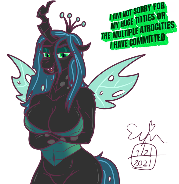 Size: 1171x1200 | Tagged: suggestive, artist:erenerakhard, derpibooru import, queen chrysalis, anthro, changeling, changeling queen, arms folded, barbie doll anatomy, belly button, big breasts, breasts, bugbutt, busty queen chrysalis, butt, digital art, female, image, looking at you, png, reversalis, smiling, smiling at you, wide hips