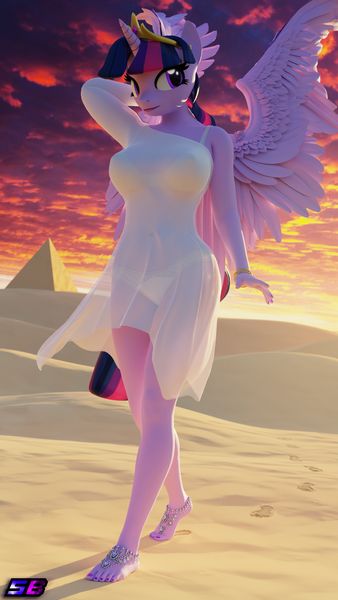 Size: 2160x3840 | Tagged: safe, artist:shadowboltsfm, derpibooru import, twilight sparkle, alicorn, anthro, plantigrade anthro, 3d, 4k, arm behind head, barefoot, barefoot sandals, beautiful, blender, bracelet, breasts, clothes, crown, dress, eyelashes, feet, footprint, image, jewelry, legs, nail polish, not sfm, png, regalia, sunset, twilight sparkle (alicorn)