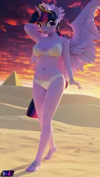 Size: 2160x3840 | Tagged: suggestive, artist:shadowboltsfm, derpibooru import, twilight sparkle, alicorn, anthro, plantigrade anthro, 3d, 4k, arm behind head, barefoot, barefoot sandals, beautiful, blender, bra, bracelet, breasts, clothes, crown, erect nipples, eyelashes, feet, footprint, image, jewelry, legs, nail polish, nipple outline, not sfm, panties, png, regalia, sunset, twilight sparkle (alicorn), underwear