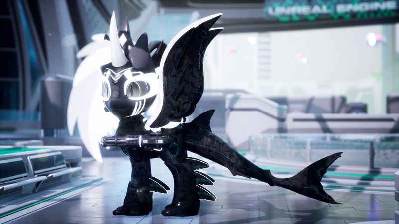 Size: 3840x2160 | Tagged: safe, artist:phoenixtm, derpibooru import, oc, oc:phoenix stardash, alicorn, alien, cyborg, original species, 3d, ceikraill, crown, futuristic, image, jewelry, png, regalia, science fiction, spread wings, unreal engine, weapon, wings